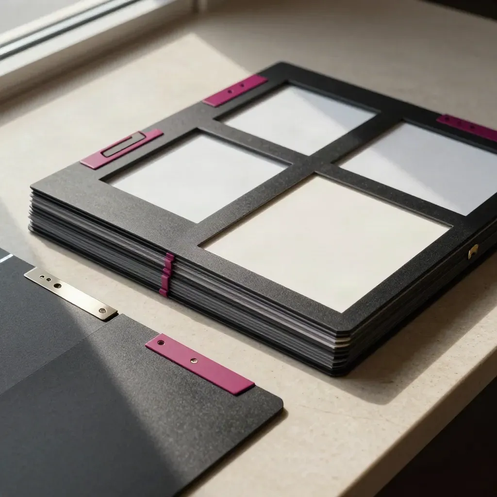 Tarjetas de equipo en fundas rígidas con pestañas magenta sobre una losa de piedra cálida.