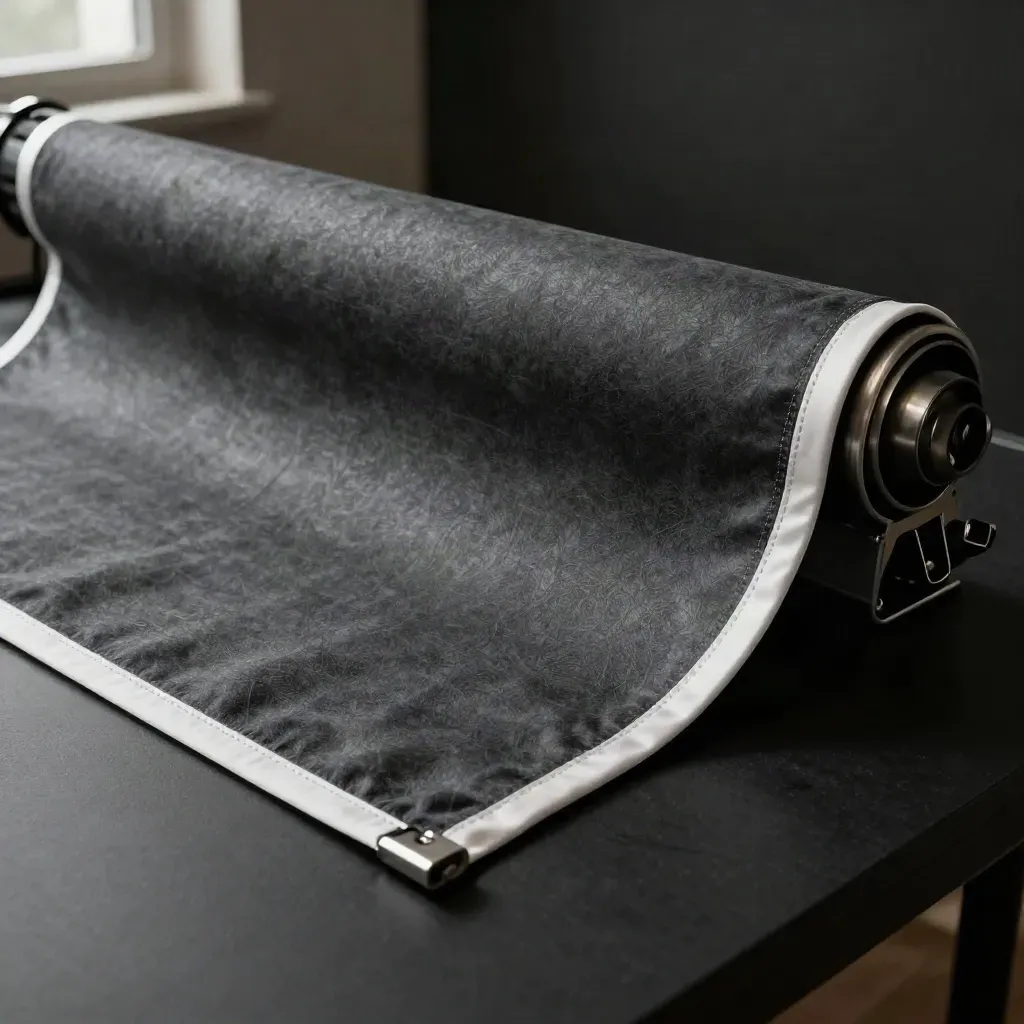 Banner textil desenrollándose sobre mesa negra con tubos de transporte y sujeciones metálicas.