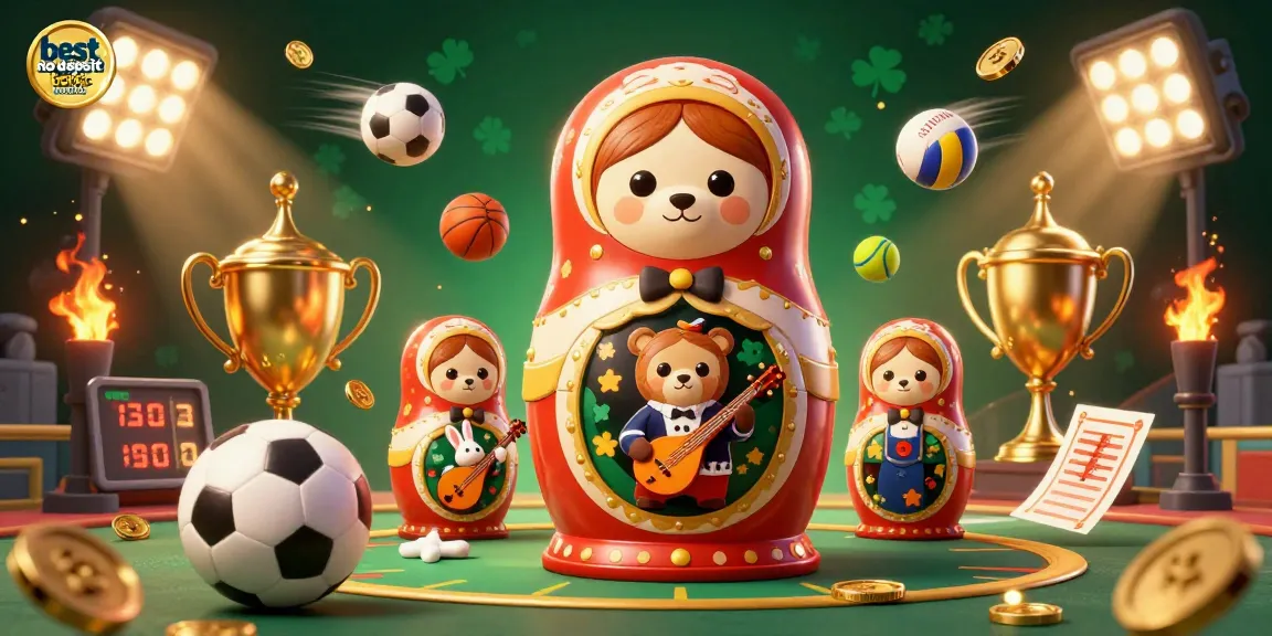 Experience the best no deposit bonus Australia with vibrant casino characters celebrating around dynamic sports elements.