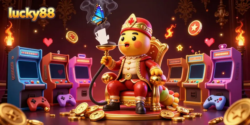 Experience winning thrills at lucky88 with a vibrant 3D casino illustration full of game elements.