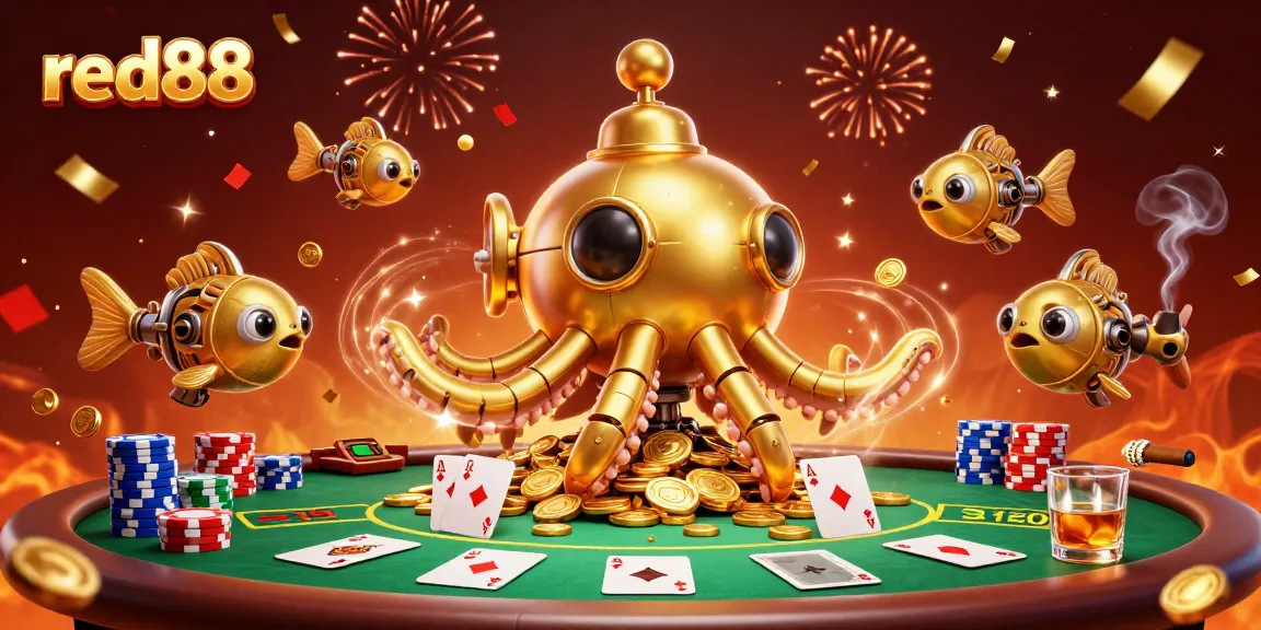 Win big with red88 at a colorful poker table amidst mechanical sea creatures and golden coins.
