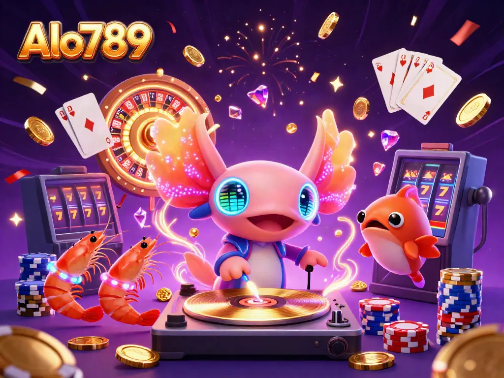 Alo789 features a vibrant underwater scene with a neon-colored axolotl DJ and dancing shrimp, celebrating casino gaming.