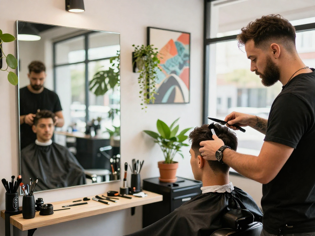 Barber cutting hair in a stylish rokok88 rtp salon, showcasing professional tools and ambient decor.