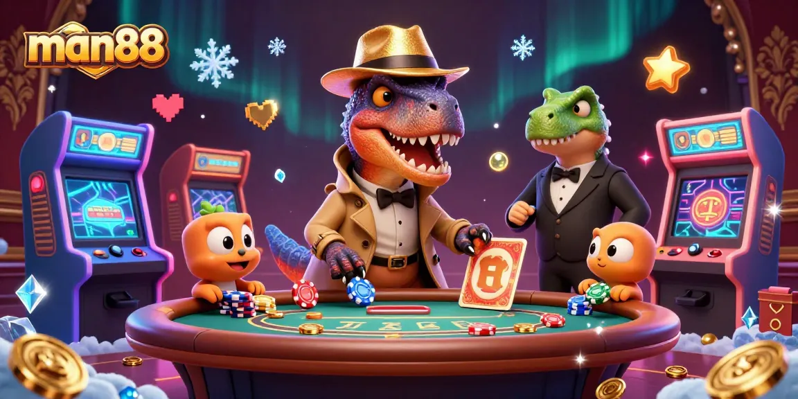 Experience thrilling gaming action with man88 featuring a velociraptor at blackjack amidst vibrant 3D visuals.