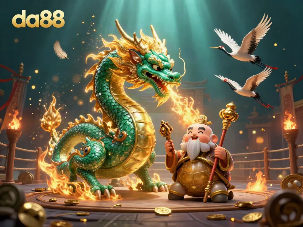 Experience thrilling gaming with da88's jade dragon and wisdom of a turtle in a vibrant casino scene.