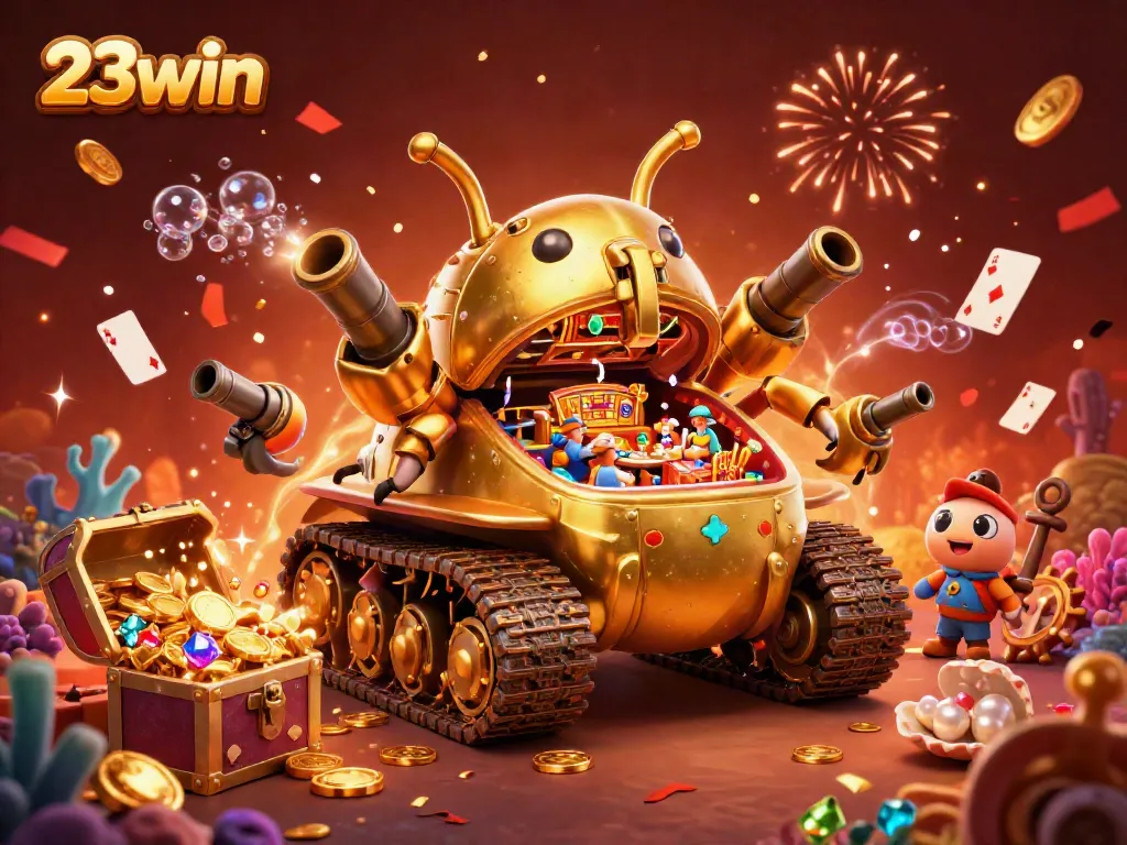 Engage with the 23win experience in a lively casino scene depicting a golden beetle tank bursting with excitement and rewards.