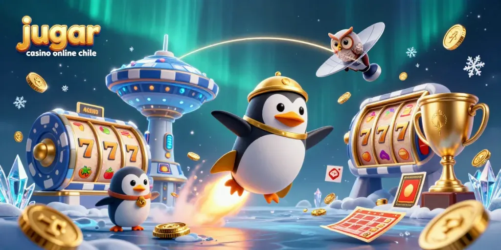 Jugar casino online Chile con un pingüino dorado volando hacia el casino, rodeado de elementos de tragamonedas.