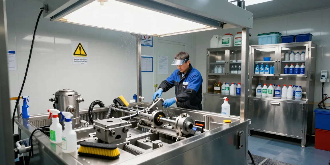 Cabina de lavado de piezas en acción, mostrando un técnico limpiando componentes industriales con equipo de seguridad.