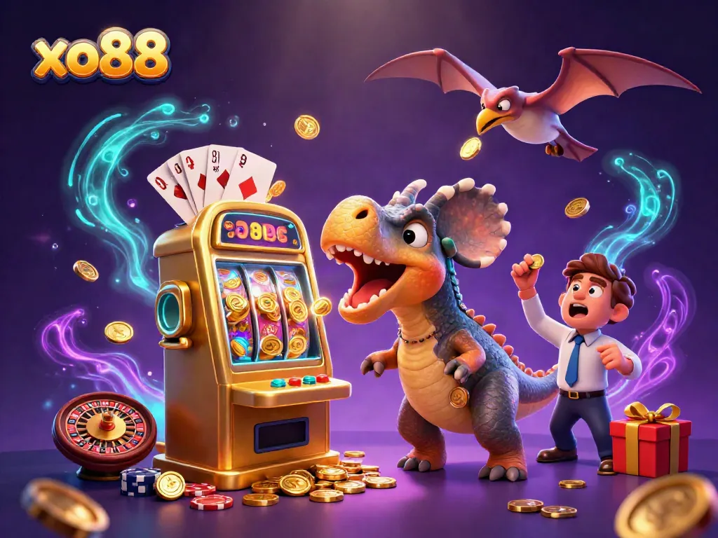 Exciting scene of a pachycephalosaurus headbutting a golden slot machine at xo88, capturing flying coins in a vibrant casino