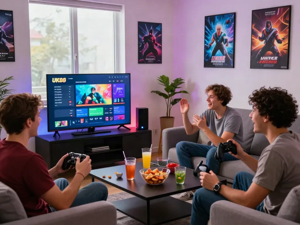 Friends enjoying UK88 online gaming experience with colorful snacks in a vibrant living room.
