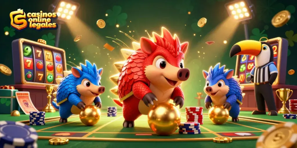 Encuentra casinos online legales con los pangolines rivales jugando en una escena vibrante de casino.
