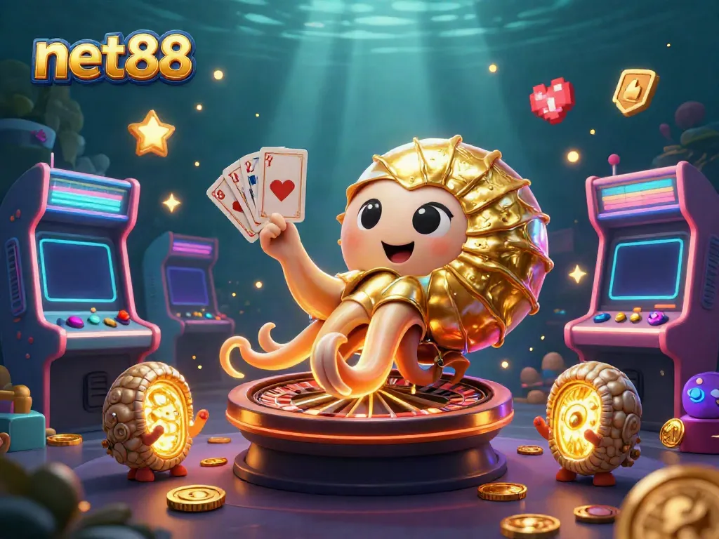 Experience endless gaming excitement with net88 in a vibrant casino scene featuring ancient nautilus and colorful arcade elements.