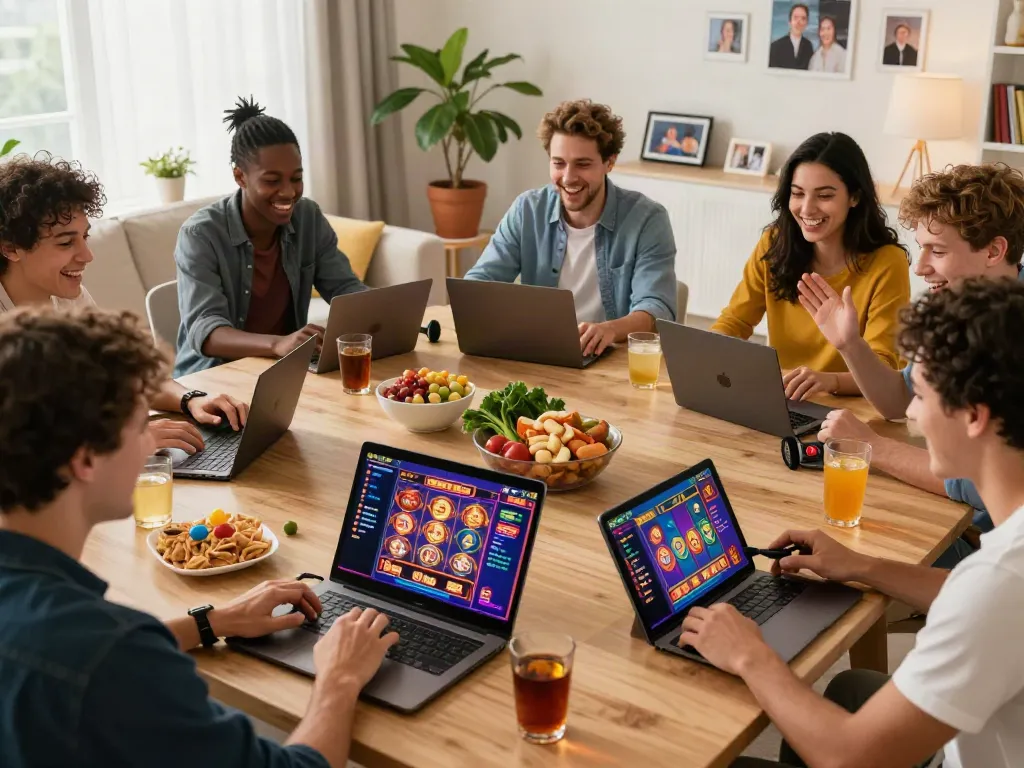 Group enjoying live online casino games on https://ta88.network/ in a cozy living room setting.