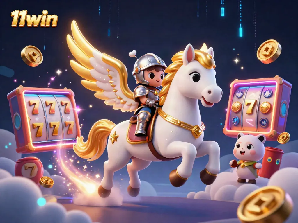Engage in the exhilarating world of 11win with a magical scene showcasing a celestial horse and a knight amid vibrant casino elements.