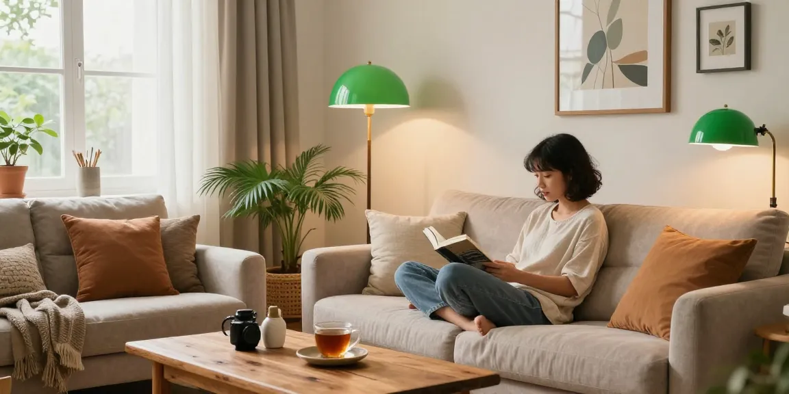 Stylish green lamps brighten a cozy living room, enhancing ambiance.