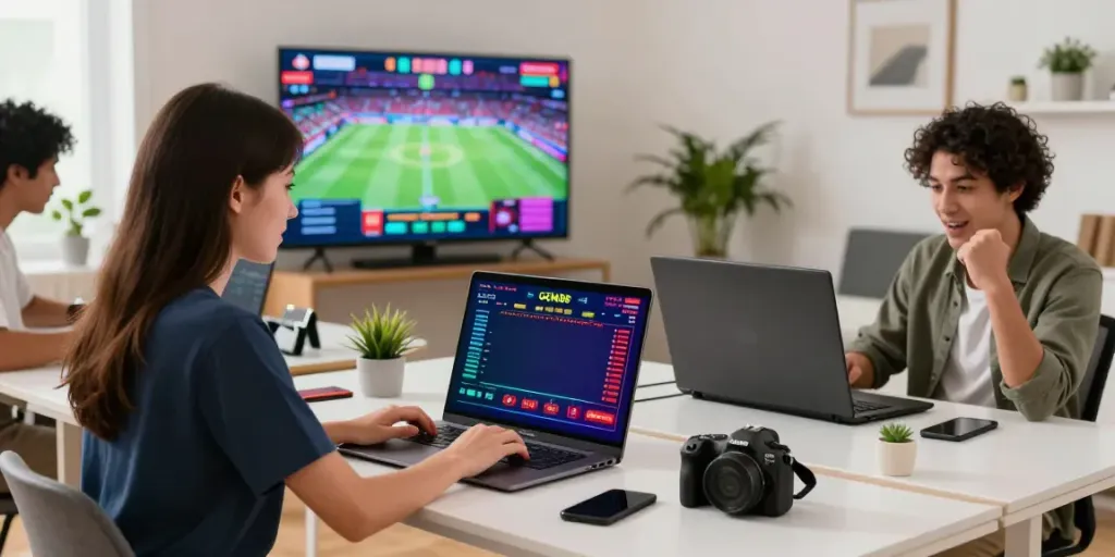 Engaging online gaming experience on https://gem88.bz/ with players enjoying live casino and sports betting in a vibrant home office.