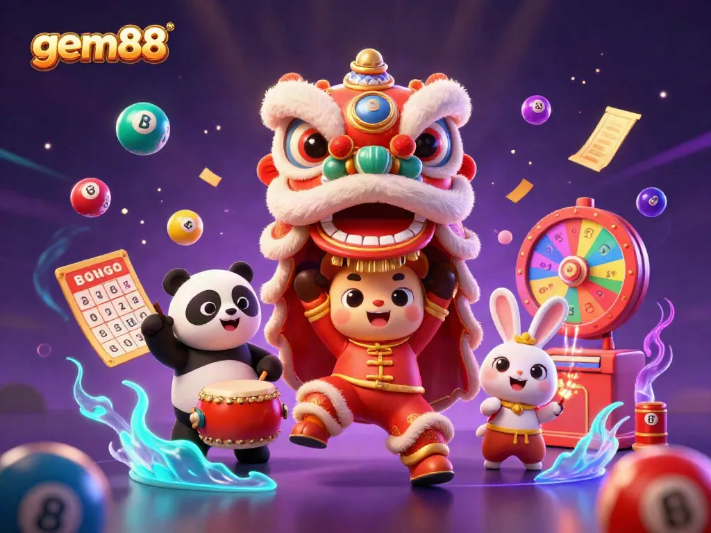 Experience the vibrant energy of gem88 in a lively 3D illustration featuring dynamic symbols of luck and casino fun.