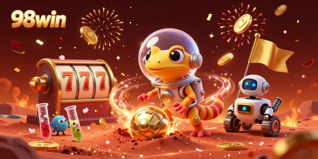 Experience thrilling wins at 98win, where a Martian gecko explores a golden casino amidst vibrant celebrations.