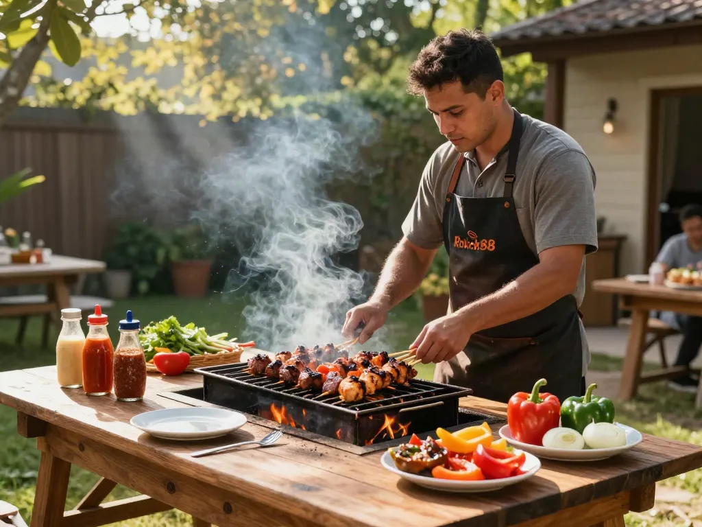 Delicious Rokok88 slot barbecue scene with grilled beef and chicken skewers.