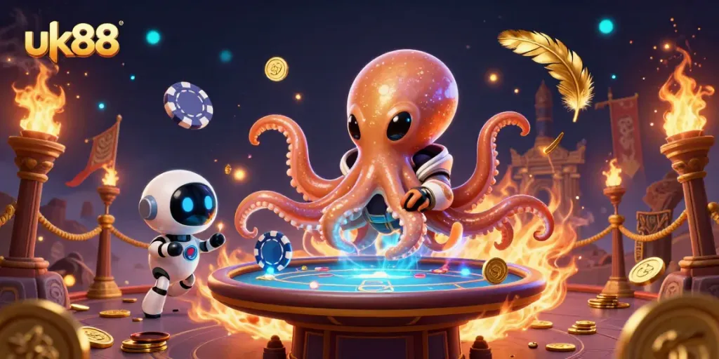 Engage with uk88's thrilling alien casino scene featuring an octopus and robot at the poker table.