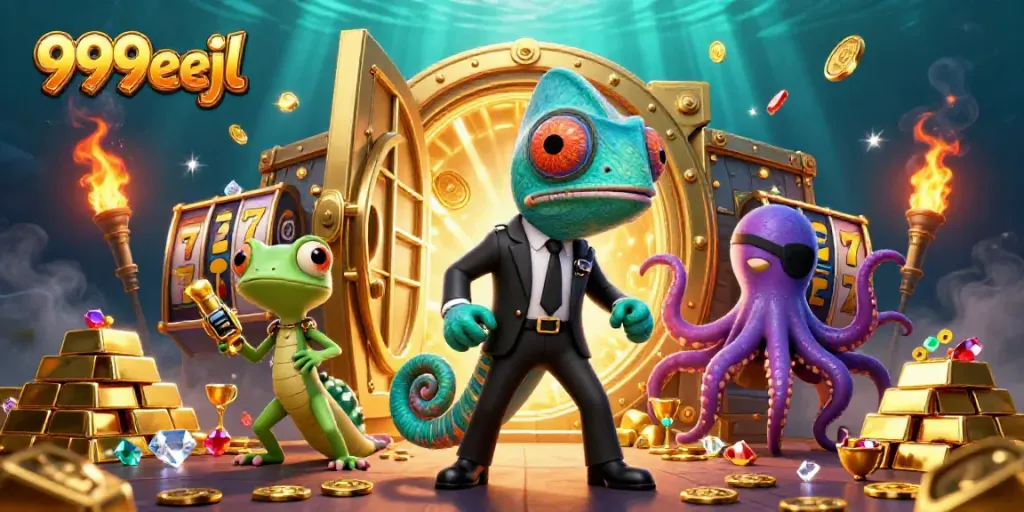 Experience thrilling gameplay with 999eejl's vibrant casino scene featuring a chameleon agent and treasure.