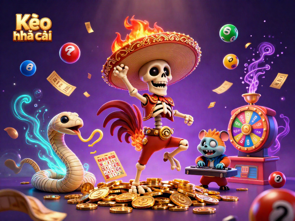 Kèo nhà cái brings excitement with a mariachi rooster and vibrant lottery elements in a dynamic casino scene.