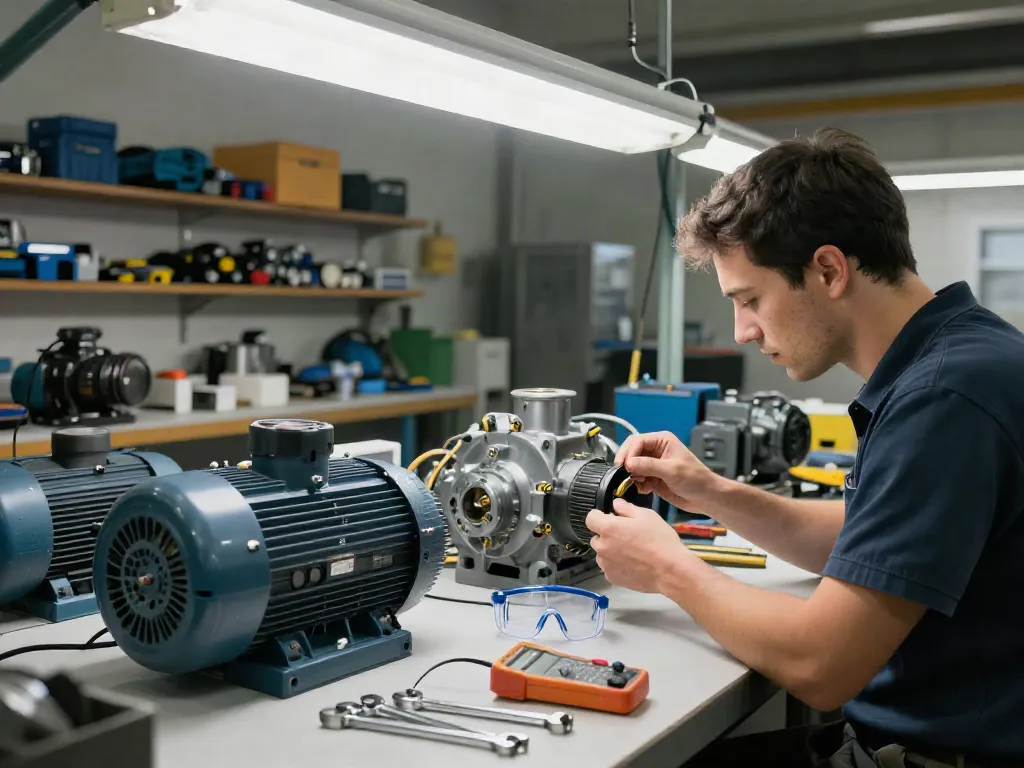 Motores eléctricos en Venezuela en un taller industrial con un técnico revisando motores eléctricos.