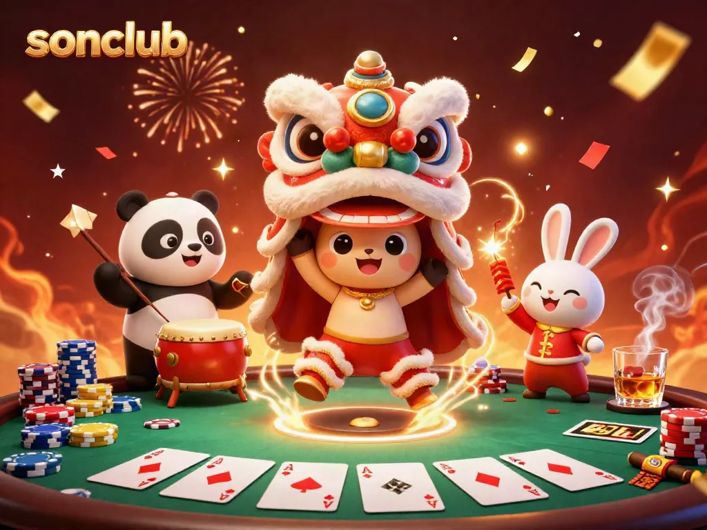 Experience thrilling gameplay with sonclub and vibrant festive 3D characters in a casino setting.