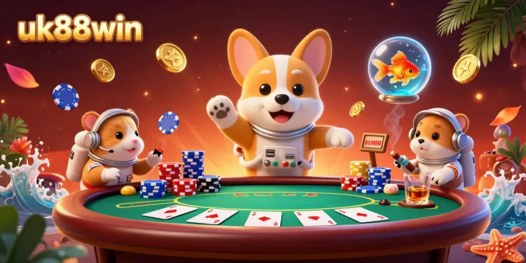 Experience thrilling fun at uk88win with a 3D astronout corgi in a floating casino scene!