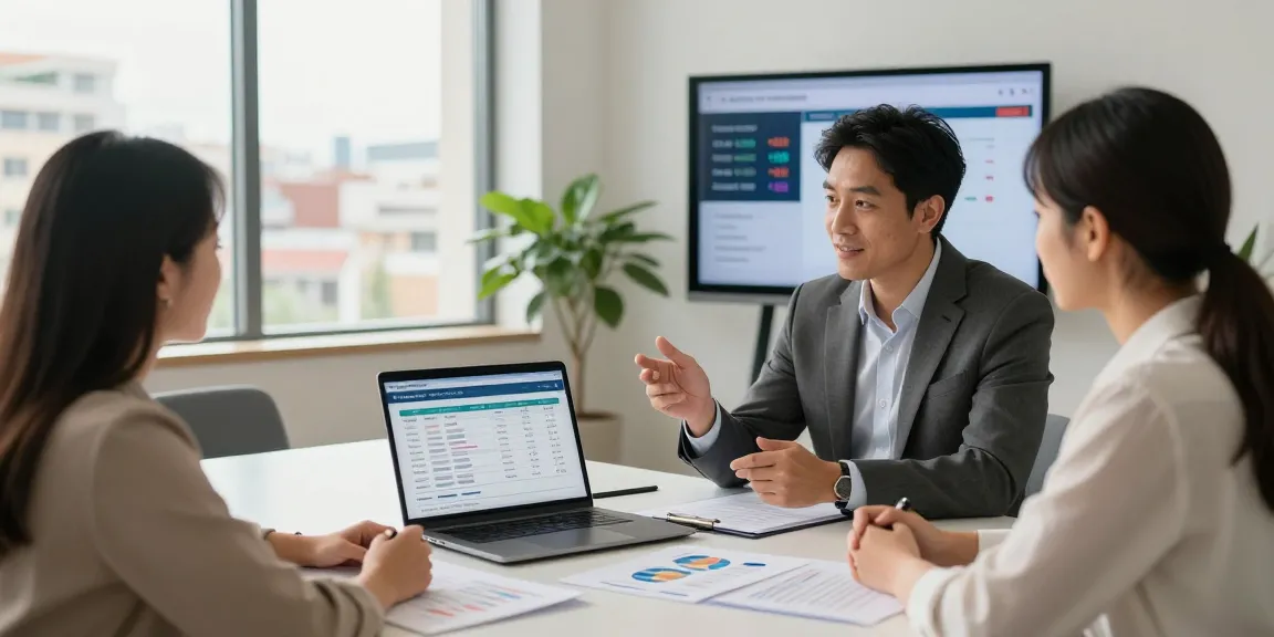 Couple consulting with financial advisor to calcular hipoteca options in modern office setting.