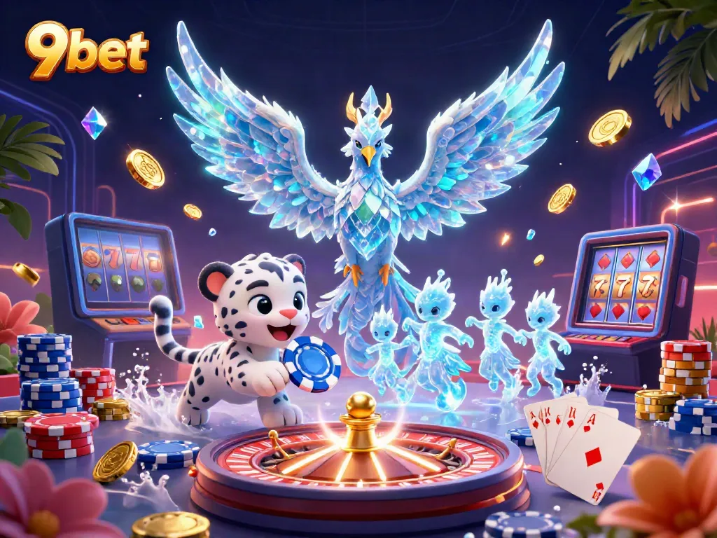 Engage with 9bet's exciting ice-themed casino world featuring a phoenix and poker chip.