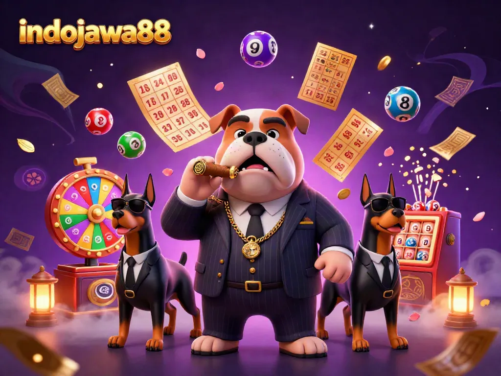 Indojawa88 menghadirkan suasana kasino dengan karakter mafia bulldog dan doberman serta elemen permainan yang dinamis.