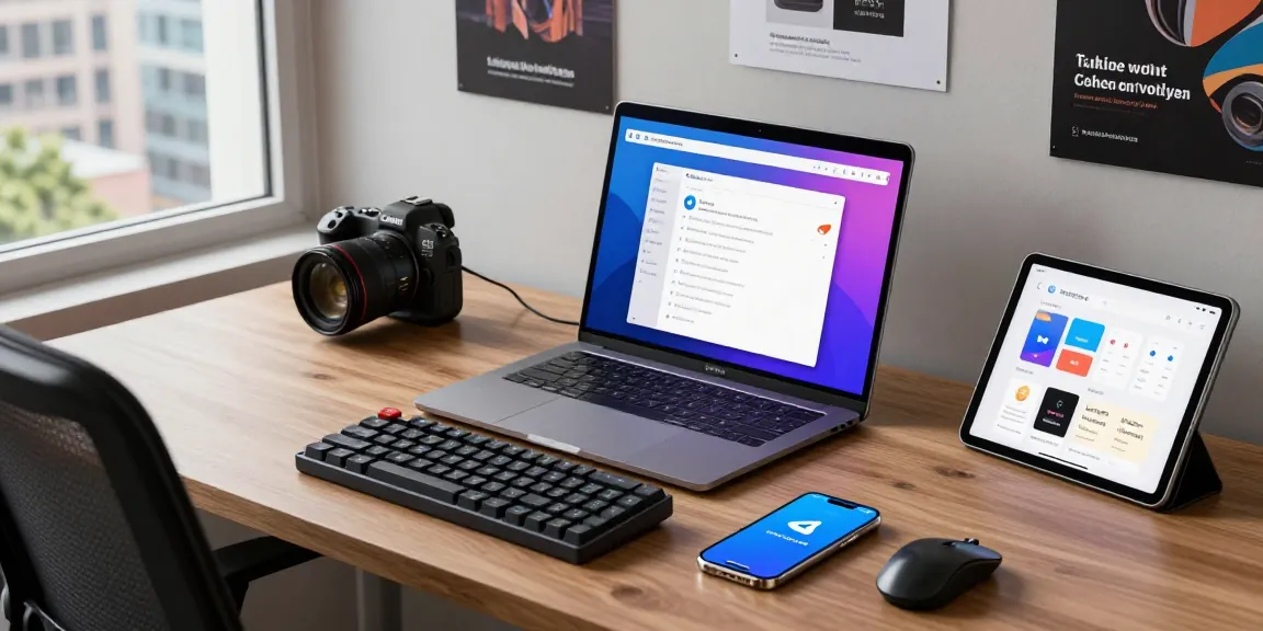 Using the Telegram Web Version on a modern laptop in a stylish workspace.
