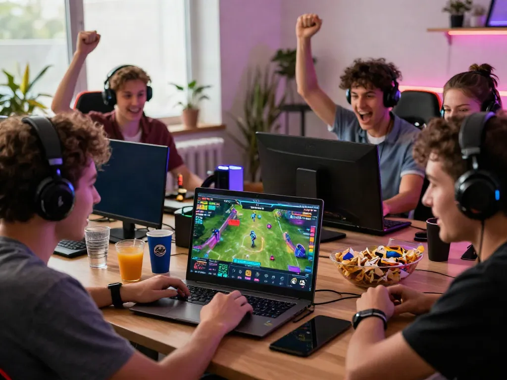 Excited friends enjoying online gaming at https://nbet.group/ with vibrant visuals and sports betting.