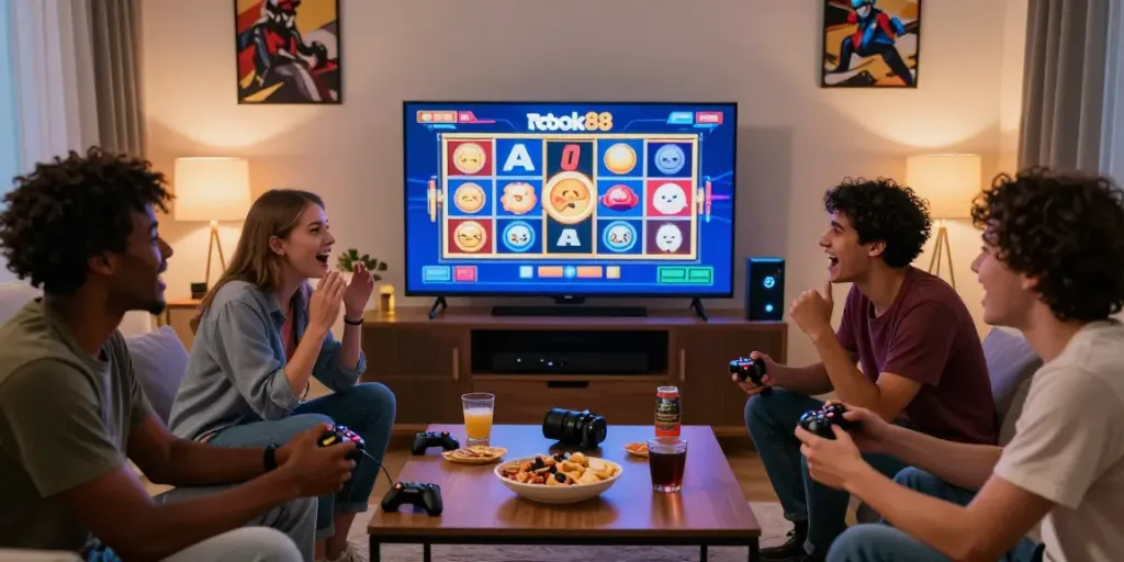 Diverse friends enjoying the rokok88 slot game in a cozy home environment, showcasing excitement and social interaction.