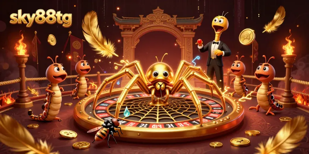 Bets come alive at sky88tg with a golden spider spinning a roulette wheel in a vibrant casino setting.