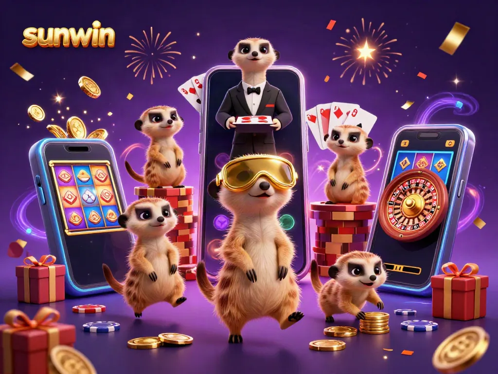 Engage with dynamic sunwin casino scene featuring meerkats, slot games, and vibrant energy.
