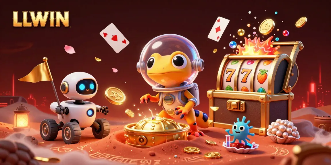 LLWIN showcases a thrilling casino adventure with a Martian gecko exploring a hidden treasure in a mystical setting.