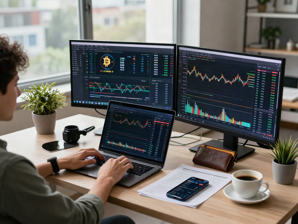 Análisis de mercado con bitcoin a dolar en escritorio moderno.