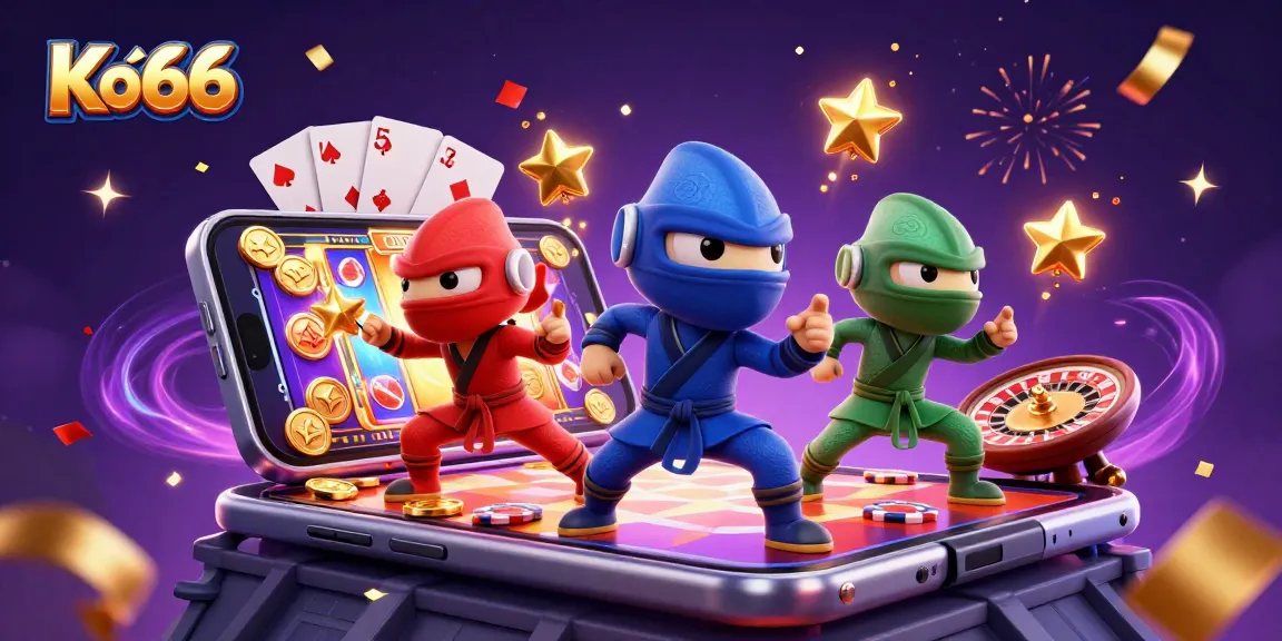 Engage with Ko66's thrilling gaming experience featuring vibrant 3D characters and casino elements.