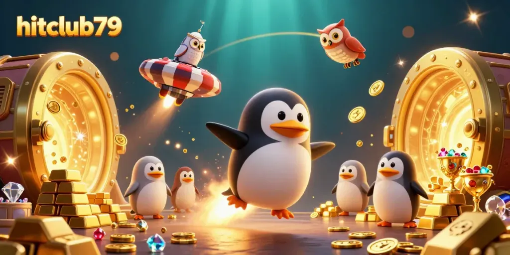 Experience thrill at hitclub79 with a golden penguin charging towards a casino space station amidst gold treasures.