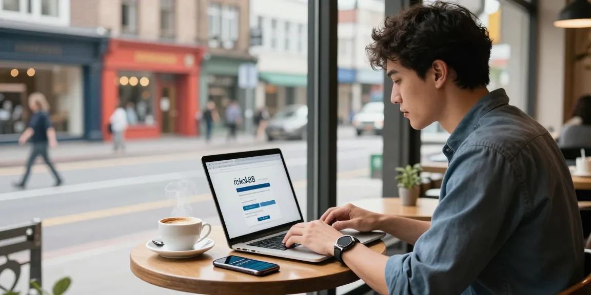 Young professional using rokok88 login on laptop in a lively café setting with coffee and city view.
