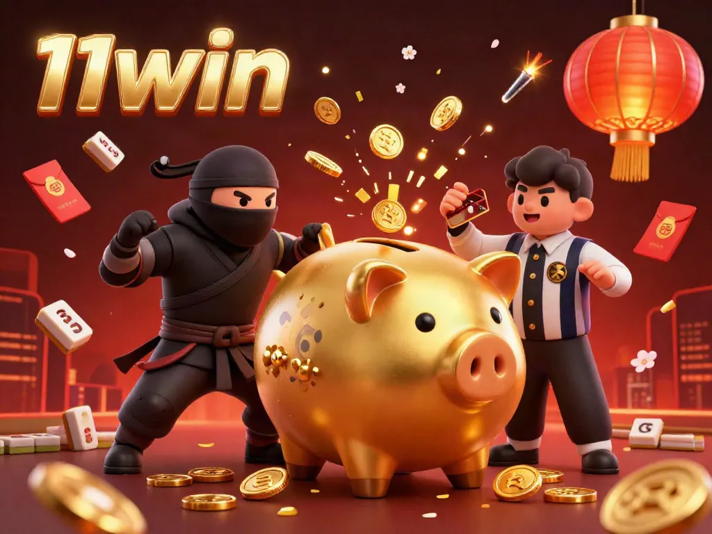 Join the excitement at 11win with a dynamic casino scene featuring a golden piggy bank, wallet ninja, and credit card samurai.