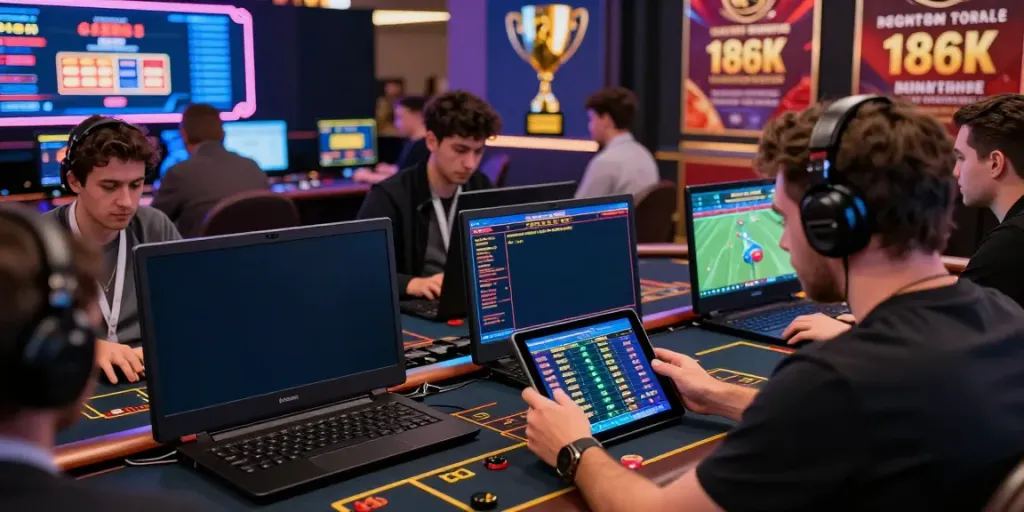 Engaging players analyzing odds and betting at FC88 online platform with vibrant casino graphics.
