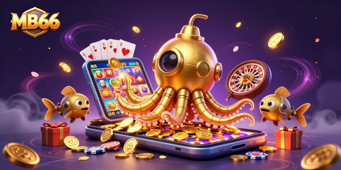 Spin and win at MB66 with a vibrant 3D illustration of a kraken submarine amidst gaming symbols and golden coins.