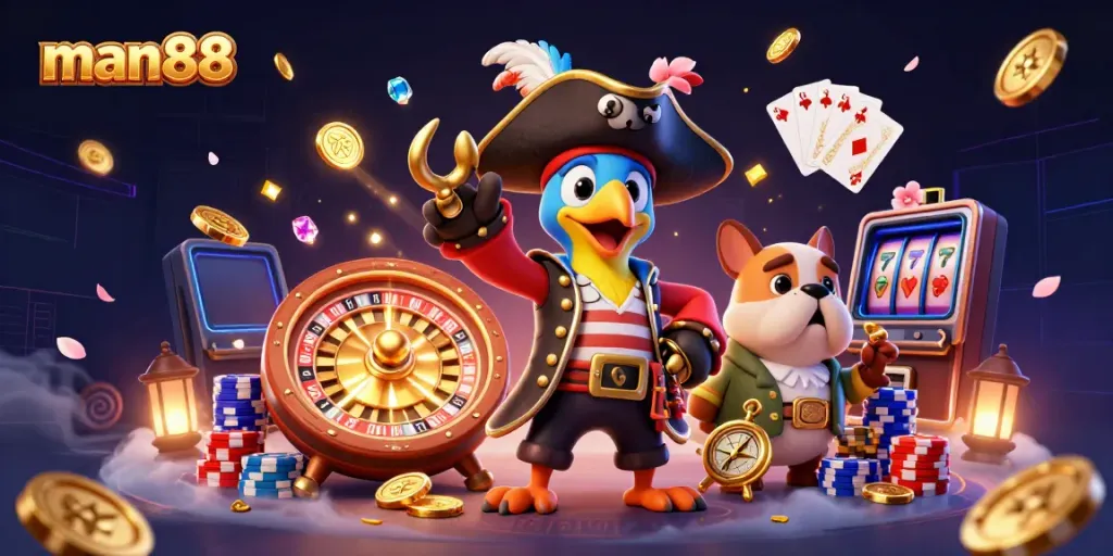Engage in thrilling gameplay at man88, with vibrant characters, dynamic gambling elements, and casino excitement.