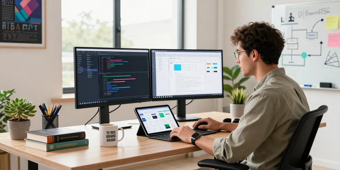 Build internal tools with AI in a modern workspace featuring a developer coding at a dual-monitor setup surrounded by tech elements.