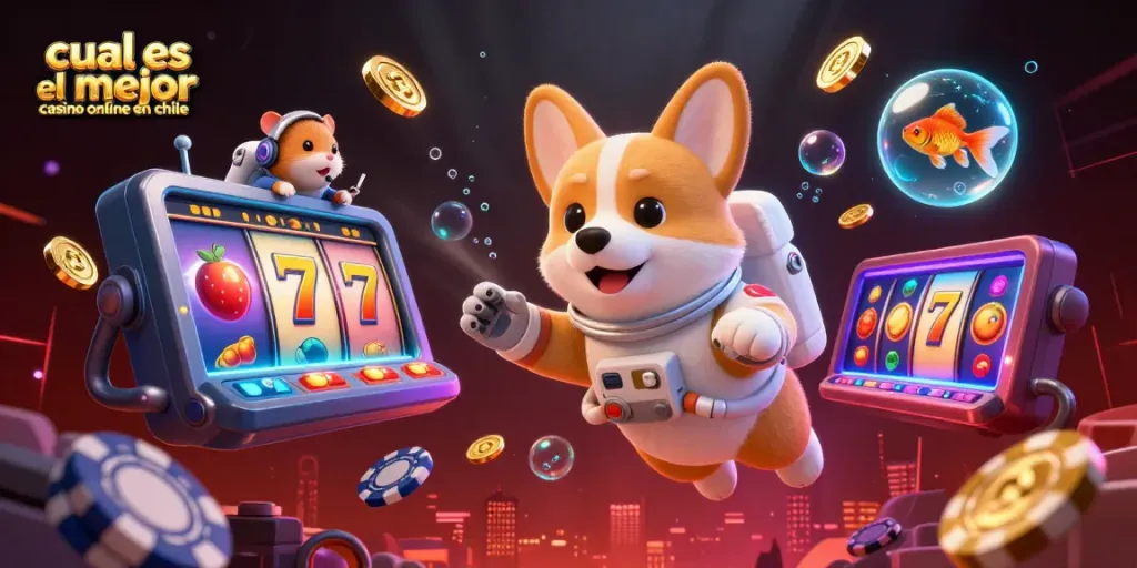 Juega en el mejor casino online en Chile, con personajes de casino flotando y elementos de juego fascinantes.