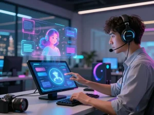 Person interacting with a spicy ai chatbot in a modern tech workspace.