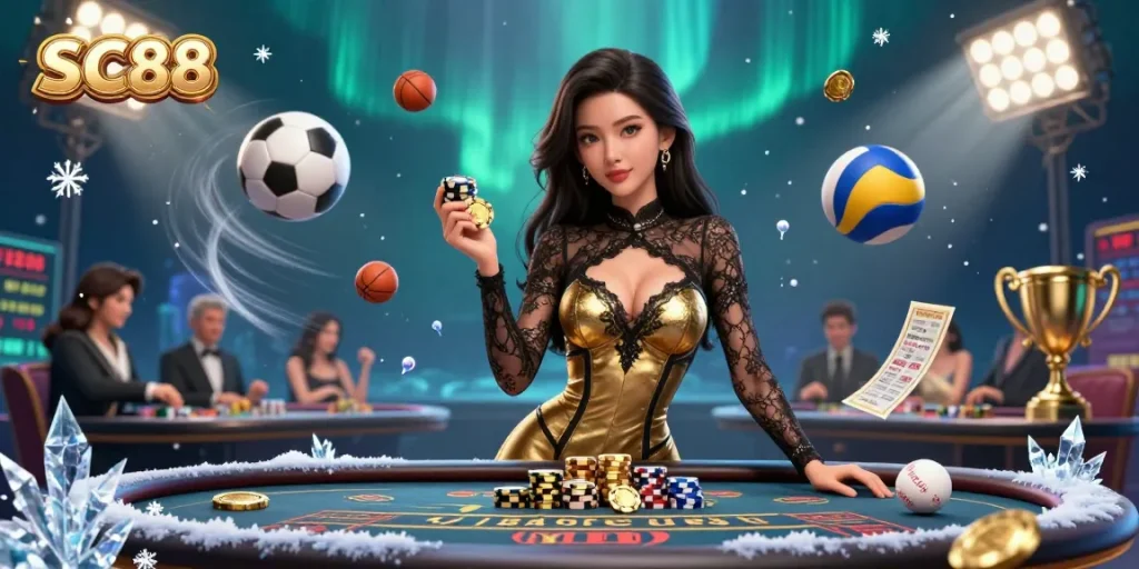 Experience high-stakes gaming at SC88 with a glamorous Asian woman at a VIP baccarat table, surrounded by thrilling casino elements.